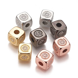 Brass Micro Pave Cubic Zirconia Beads, Long-Lasting Plated, Cube with Symbol, Clear, Mixed Color, 9x9x9mm, Hole: 3.5mm(KK-K238-36)