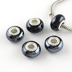 Rondelle Pearlized Handmade Porcelain European Beads, with Silver Color Plated Brass Cores, Large Hole Beads, Black, 14~16x9~10mm, Hole: 5mm(X-PORC-R042-D01)