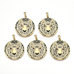 Brass Micro Pave Clear Cubic Zirconia with Enamel Pendants, Real 18K Gold Plated, Tiger, 37.5x35x2.5mm, Hole: 7x4mm(KK-R162-073A-G)