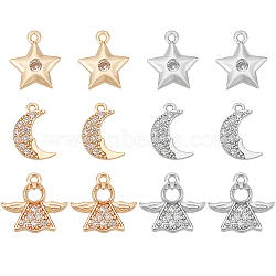 12Pcs 6 Style Rack Plating Brass Micro Pave Clear Cubic Zirconia Charms, Long-Lasting Plated, Cadmium Free & Lead Free, Moon & Star & Angel, Mixed Color, 11.5~12x7.5~12.5x2mm, Hole: 1mm, 2pcs/style(KK-BC0009-92)