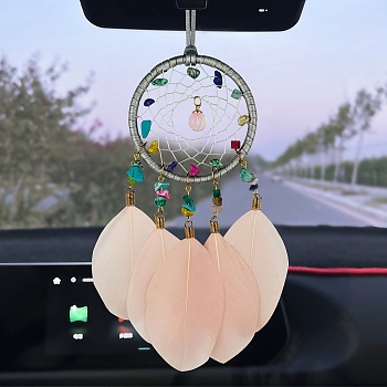 Synthetic Turquoise Chip Woven Web/Net with Feather Decorations, with Iron Ring, for Car Hanging Decorations, PeachPuff, 370mm