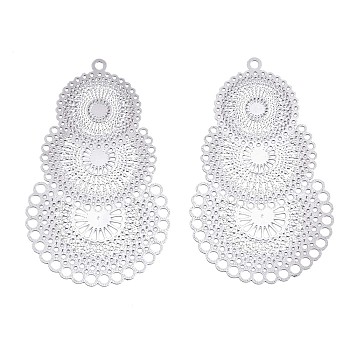 304 Stainless Steel Filigree Pendants, Etched Metal Embellishments, Kaleidoscope Pattern, Stainless Steel Color, 40x24.5x0.3mm, Hole: 1.2mm