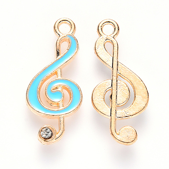 Alloy Enamel Pendants, with Crystal Rhinestone, Musical Note, Light Gold, Sky Blue, 22x10x2mm, Hole: 1.6mm