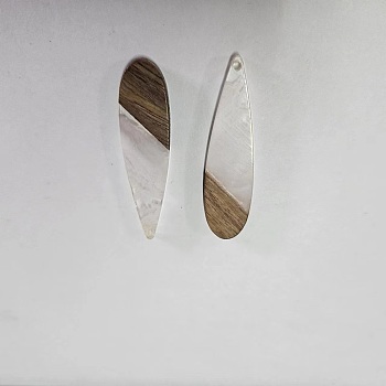 Transparent Resin & Walnut Wood Big Pendants, Cloud Effect, Teardrop Charms, White, 52.5x13.5x3.5mm, Hole: 1.8mm