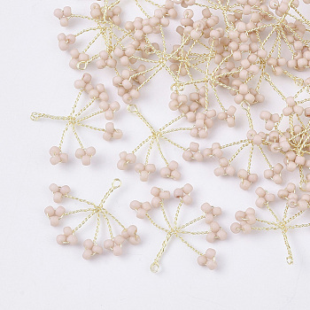 Glass Seed Beads Wire Wrapped Pendants, with Golden Plated Brass Wires, Tree, Misty Rose, 15~16x18~21x2~3mm, Hole: 1.2mm
