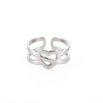 304 Stainless Steel Heart Wrap Open Cuff Ring for Women, Stainless Steel Color, US Size 7 1/4(17.5mm)