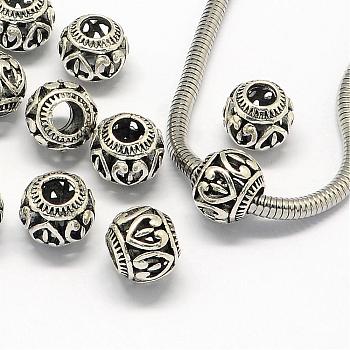 Alloy European Beads, Large Hole Beads, Rondelle, Hollow, Antique Silver, 11x9mm, Hole: 4.5mm