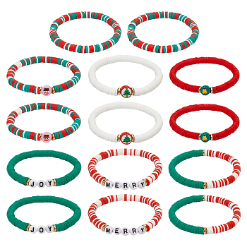 14Pcs 2 Sets Christmas Theme Polymer Clay Heishi Beaded Stretch Bracelets, Alloy Enamel Link Bracelets Set for Men Women, Mixed Color, Inner Diameter: 2-1/8~2-1/4 inch(5.4~5.65cm), 7pcs/set