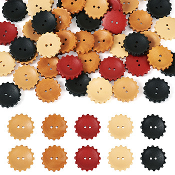 60Pcs 5 Styles Spray Painted Natural Wood Buttons, Gear, 2-Hole, Mixed Color, 27.5x6mm, Hole: 2.2mm