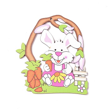 Easter Wood Big Pendants, Rabbit with Carrot Charm, Colorful, 90x80x2mm, Hole: 3.2mm