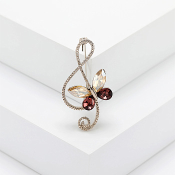 Alloy Rhinestone Safety Pin Brooch, Musical Note with Butterfly, Light Colorado Topaz, 44x23mm