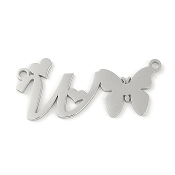 Non-Tarnish 304 Stainless Steel Pendants, Letter & Butterfly Charms, Letter W, 12x27.5x0.9mm, Hole: 1.2mm