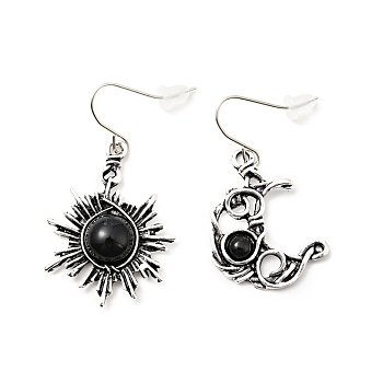 Resin Beaded Moon and Sun Asymmetrical Earrings, Alloy Dangle Earrings for Women, Black, 40.5~45mm, Pin: 0.6mm