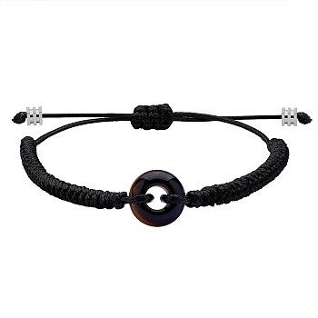 Natural Tiger Eye Donut Braided Bead Bracelet, Adjustable Gemstone Bracelet for Women, Black, Inner Diameter: 2~3-3/8 inch(5~8.6cm)