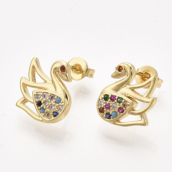 Brass Micro Pave Cubic Zirconia Stud Earrings, with Ear Nuts/Earring Back, Swan, Colorful, Golden, 12.5x12mm, Pin: 1mm