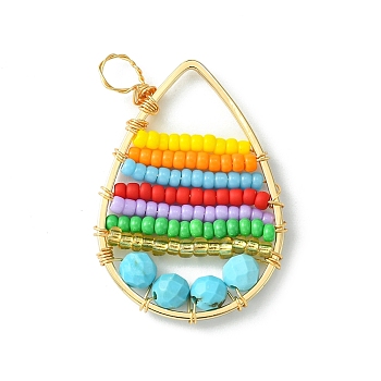 Dyed Natural Magnesite & Glass Seed Beaded Pendants, Teardrop Charms, Colorful, 43.5x26x3.5mm, Hole: 2.5mm