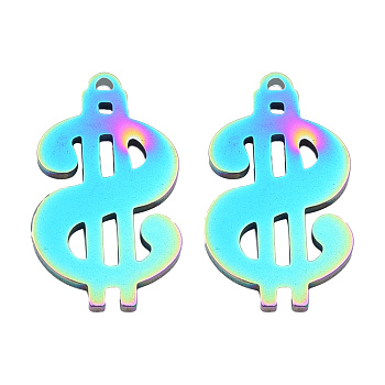 Ion Plating(IP) 201 Stainless Steel Charms, Dollar Sign, Rainbow Color, 26x15x1.5mm, Hole: 1.2mm