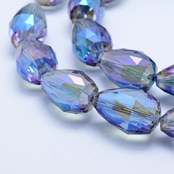 Electroplate Glass Beads Strands, Full Plated, Faceted, teardrop, Cornflower Blue, 27~28x18mm, Hole: 2mm, about 25pcs/strand, 26.3 inch~27.1 inch(67cm~69cm)
