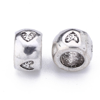Tibetan Style Alloy European Beads, Large Hole Beads, Cadmium Free & Lead Free, Column with Heart, Antique Silver, 8.5x5.5mm, Hole: 4.5mm, about 910pcs/1000g