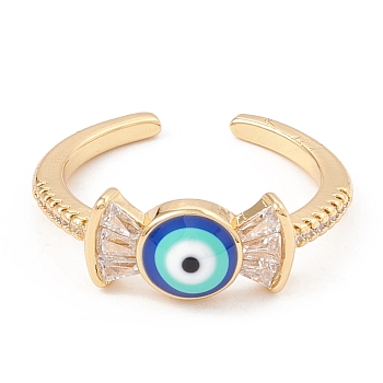 Blue Enamel Candy with Evil Eye Open Cuff Ring with Clear Cubic Zirconia, Brass Jewelry for Women, Lead Free & Cadmium Free, Real 18K Gold Plated, US Size 6(16.5mm)