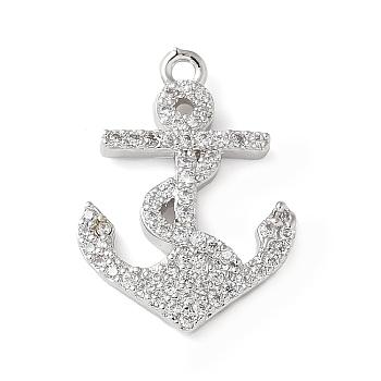 Brass Micro Pave Cubic Zirconia Pendants, Anchor Charms, Cadmium Free & Lead Free, Long-Lasting Plated, Rack Plating, Platinum, Clear, 21x15.5x2.5mm, Hole: 1.4mm