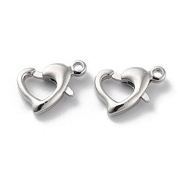 Brass Lobster Claw Clasps, Heart, Real Platinum Plated, 10x7x2.5mm, Hole: 1.2mm