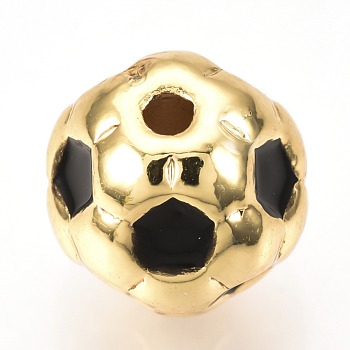 Brass Enamel Beads, FootBall/Soccer Ball, Black, Golden, 10mm, Hole: 1.5mm