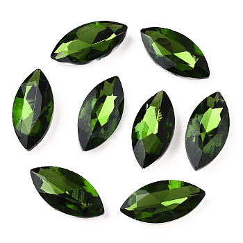 Pointed Back Glass Rhinestone Cabochons, Back Plated, Faceted, Horse Eye, Emerald, 26.5x13x7mm