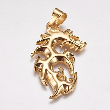 304 Stainless Steel Big Pendants, Ion Plating (IP), Dragon, Golden, 53x30x3mm, Hole: 7x9mm