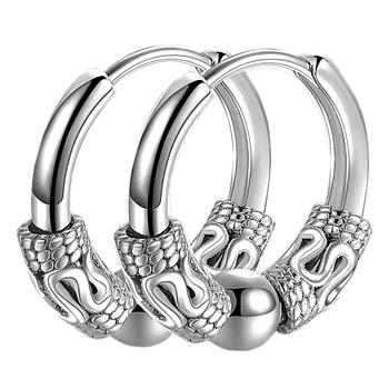 Non-Tarnish 304 Stainless Steel Beaded Hoop Earrings, Dragon Pattern, Stainless Steel Color, 14x2.5mm