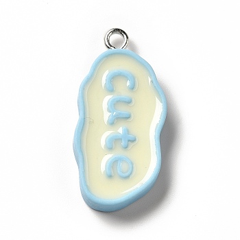 Opaque Resin Pendants, with Platinum Tone Iron Loops, Cloud Charm with Word Cute, Light Sky Blue, 30x15x5mm, Hole: 2.2mm