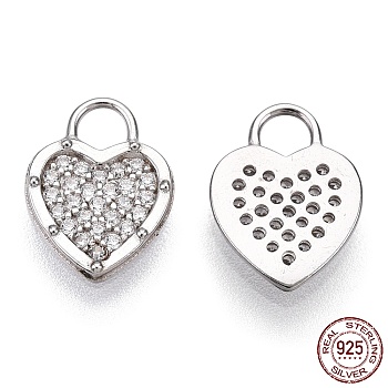Rhodium Plated 925 Sterling Silver Micro Pave Cubic Zirconia Charms, with S925 Stamp, Heart Charms, Nickel Free, Real Platinum Plated, 11x8x1.2mm, Hole: 2.5x2.5mm