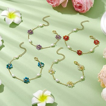 4Pcs Natural Gemstone & Shell Pearl Beaded Link Bracelet Sets for Women, Flower, Golden, 7-1/8 inch(18cm)