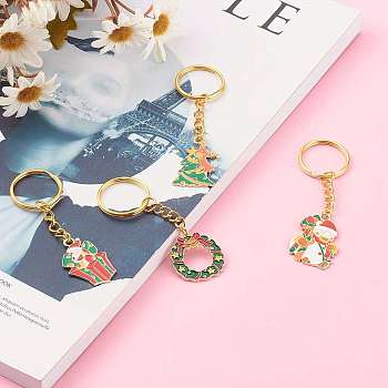 Christmas Alloy Enamel Keychain, with Iron Findings, Golden, 7.7~8.3cm, 4pcs/set