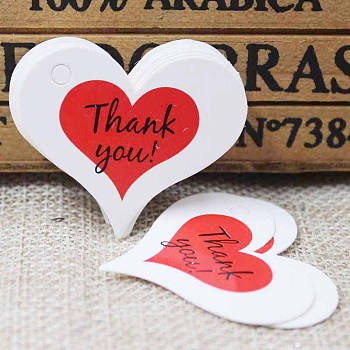 Paper Gift Tags, Hang Tags, For Arts and Crafts, For Valentine's Day, Thanksgiving, Heart with Word Thank You, White, 32x39x0.4mm, Hole: 4mm