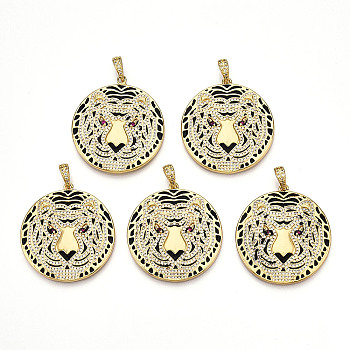 Brass Micro Pave Clear Cubic Zirconia with Enamel Pendants, Real 18K Gold Plated, Tiger, 37.5x35x2.5mm, Hole: 7x4mm