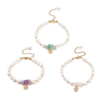 Gemstone Chips & Pearl Beaded Bracelet, Clear Cubic Zirconia Moon & Star Charm Bracelet for Women, Golden, 7-5/8 inch(19.5cm)