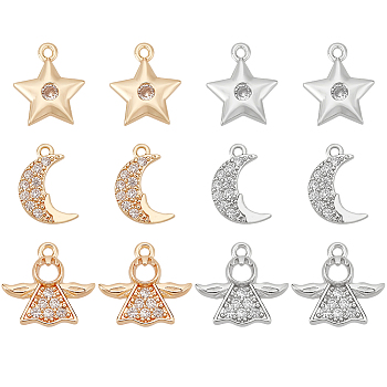 12Pcs 6 Style Rack Plating Brass Micro Pave Clear Cubic Zirconia Charms, Long-Lasting Plated, Cadmium Free & Lead Free, Moon & Star & Angel, Mixed Color, 11.5~12x7.5~12.5x2mm, Hole: 1mm, 2pcs/style