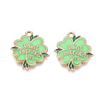 Saint Patrick's Day Alloy Enamel Pendants, Flower Charms, Golden, Cadmium Free & Nickel Free & Lead Free, Light Green, 23.5x21.5x2.5mm, Hole: 2mm(ENAM-T024-38A-G)
