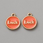 KC Gold Plated Alloy Enamel Pendants, Flat Round with Word Luck Charms, Orange, 14x12x2mm, Hole: 1.5mm(ENAM-CJC0001-19KCG-02)