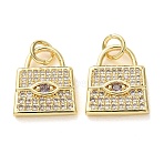 Brass Micro Pave Clear Cubic Zirconia Charms, Bag Charms, Lead Free & Cadmium Free, Rack Plating, Long-Lasting Plated, Real 18K Gold Plated, 14x12x2.5mm, Hole: 3.4mm(CU-E003-07G)