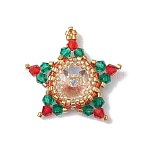 Christmas Glass & Seed Bead Woven Pendants, Star, Mixed Color, 30x28x6.5mm, Hole: 1.8mm(PALLOY-MZ00261)