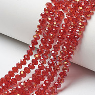 Electroplate Transparent Glass Beads Strands, Half Rainbow Plated, Faceted, Rondelle, Red, 4x3mm, Hole: 0.4mm, about 123~127pcs/strand, 16.5~16.9 inch(42~43cm)(EGLA-A034-T4mm-H11)