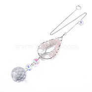 Natural Rose Quartz Big Pendants, with Platinum Brass Chain Extender and Findings, Plating Glass Flat Round & Flower, Clear AB Color, Teardrop with Tree of Life, 155mm, Hole: 3.5mm(G-N333-010D)