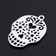 201 Stainless Steel Pendants, Filigree Joiners Findings, Laser Cut, Sugar Skull, For Mexico Holiday Day of The Dead, Stainless Steel Color, 22x16x1mm, Hole: 1.4mm(STAS-S105-JN882-1)