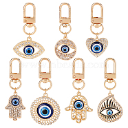 7Pcs 7 Style Evil Eye Resin Pendant Decorations, with Alloy Crystal Rhinestone Findings, Golden, Mixed Patterns, 57~69mm, 1pc/style(AJEW-NB0003-92)