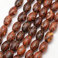 Tibetan Style 3-Eye dZi Beads, Natural Agate Bead Strands, Barrel, Dyed & Heated, Saddle Brown, 12x8mm, Hole: 1mm, about 32pcs/strand, 15 inch(G-K167-02-02)