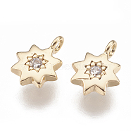 Brass Charms, with Cubic Zirconia, Star, Nickel Free, Real 18K Gold Plated, 8x6x1.5mm, Hole: 1mm(X-KK-T029-89G)