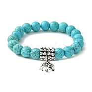Dyed Synthetic Howlite Elephant Stretch Bracelets, with CCB Plastic Beads and Tibetan Style Alloy Pendants, Antique Silver Metal Color, Light Sea Green, 55mm(BJEW-JB01338)