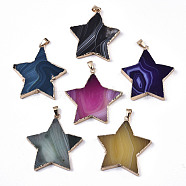 Natural Banded Agate/Striped Agate Pendants, with Light Gold Pleated Edge and Iron Bail, Star, Dyed, Mixed Color, 45~50x43~45x5~8mm, Hole: 4x7.5mm(G-N326-39)